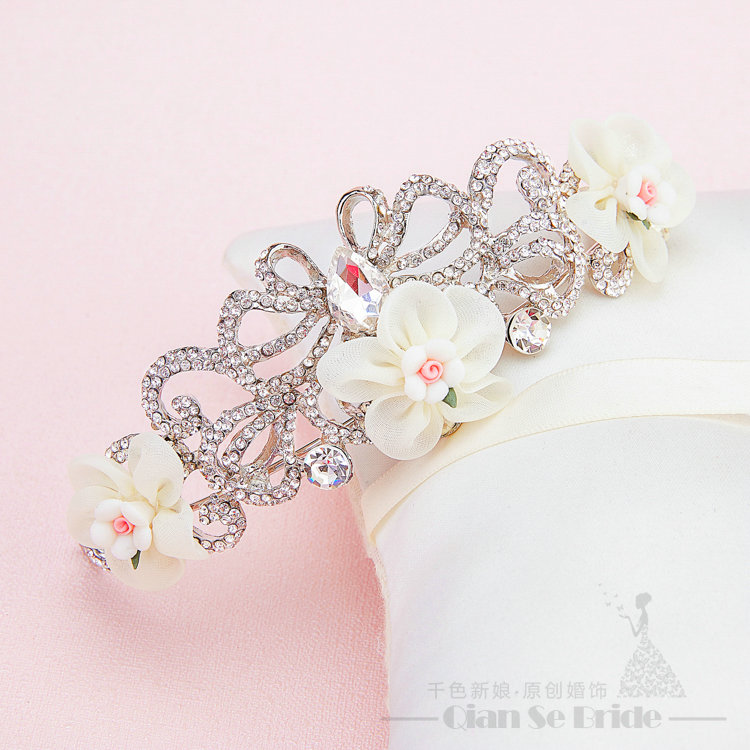 Rhinestone Ceramic Yarn Flower Bridal Tiaras Necklace Earring Women Wedding Jewelry Sets 3pcs - Beige