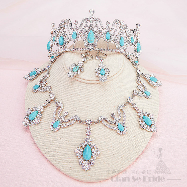 Rhinestone Gem Pendant Bridal Jewelry Tiaras Necklace Earring Women Wedding Sets 3pcs - Blue