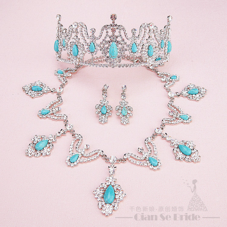 Rhinestone Gem Pendant Bridal Jewelry Tiaras Necklace Earring Women Wedding Sets 3pcs - Blue