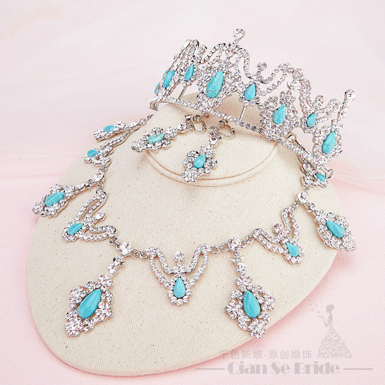 Rhinestone Gem Pendant Bridal Jewelry Tiaras Necklace Earring Women Wedding Sets 3pcs - Blue