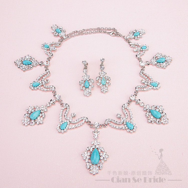 Rhinestone Gem Pendant Bridal Jewelry Tiaras Necklace Earring Women Wedding Sets 3pcs - Blue