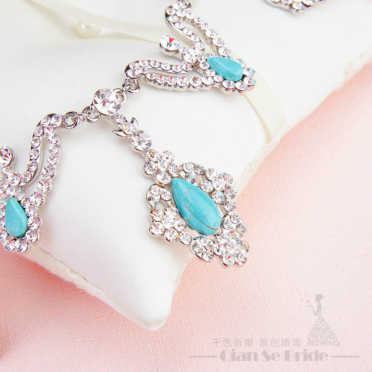 Rhinestone Gem Pendant Bridal Jewelry Tiaras Necklace Earring Women Wedding Sets 3pcs - Blue