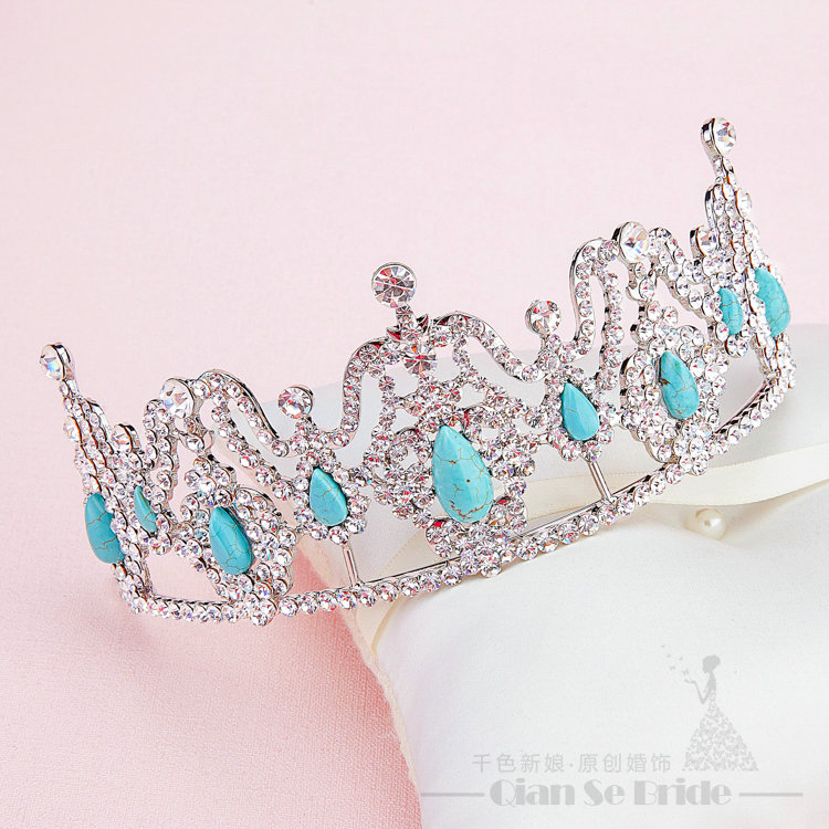 Rhinestone Gem Pendant Bridal Jewelry Tiaras Necklace Earring Women Wedding Sets 3pcs - Blue