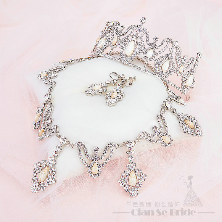 Rhinestone Gem Pendant Bridal Jewelry Tiaras Necklace Earring Women Wedding Sets 3pcs - White