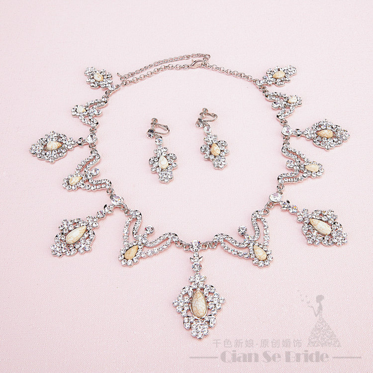 Rhinestone Gem Pendant Bridal Jewelry Tiaras Necklace Earring Women Wedding Sets 3pcs - White