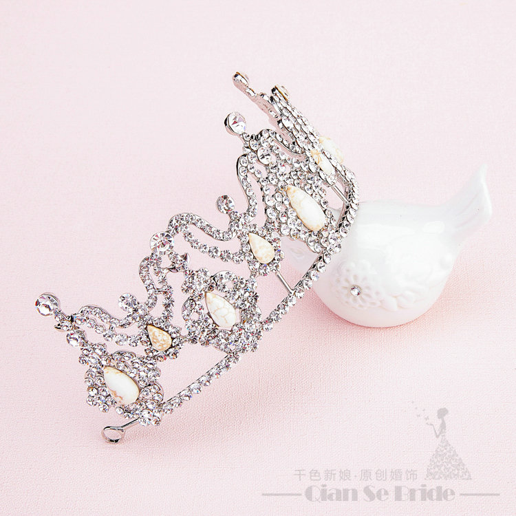 Rhinestone Gem Pendant Bridal Jewelry Tiaras Necklace Earring Women Wedding Sets 3pcs - White