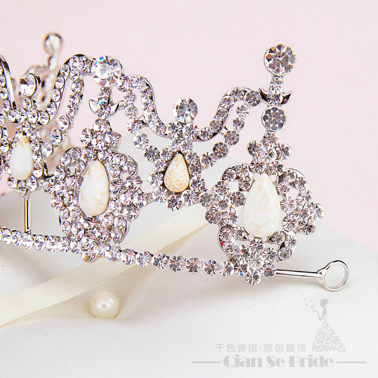 Rhinestone Gem Pendant Bridal Jewelry Tiaras Necklace Earring Women Wedding Sets 3pcs - White