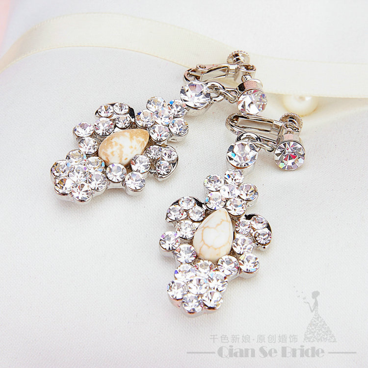 Rhinestone Gem Pendant Bridal Jewelry Tiaras Necklace Earring Women Wedding Sets 3pcs - White