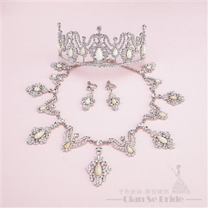 Rhinestone Gem Pendant Bridal Jewelry Tiaras Necklace Earring Women Wedding Sets 3pcs - White