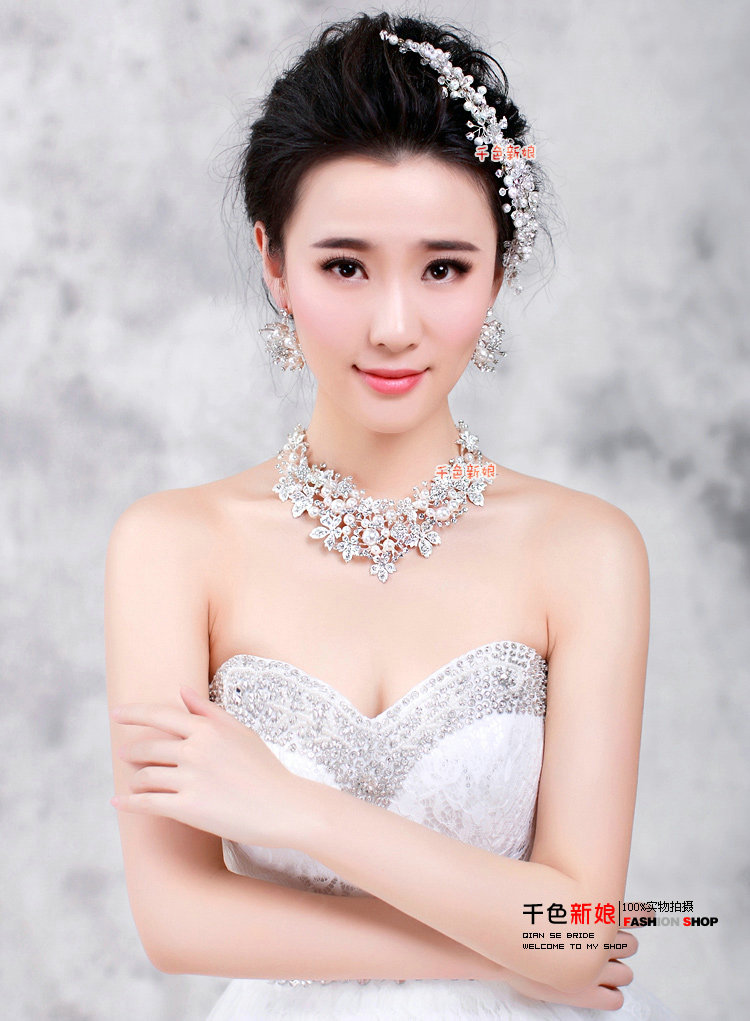 Rhinestone Pearls Alloy Flower Bridal Jewelry Tiaras Necklace Earring Women Wedding Sets 3pcs - White