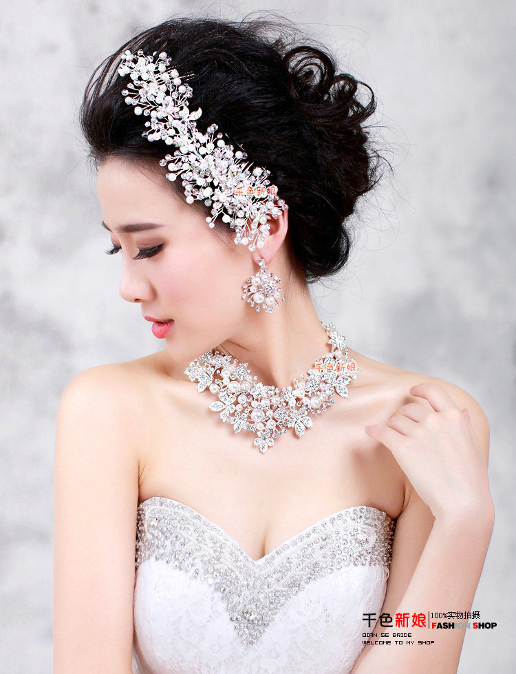 Rhinestone Pearls Alloy Flower Bridal Jewelry Tiaras Necklace Earring Women Wedding Sets 3pcs - White