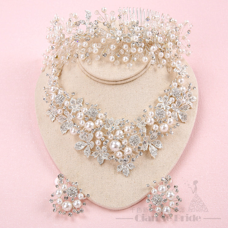 Rhinestone Pearls Alloy Flower Bridal Jewelry Tiaras Necklace Earring Women Wedding Sets 3pcs - White