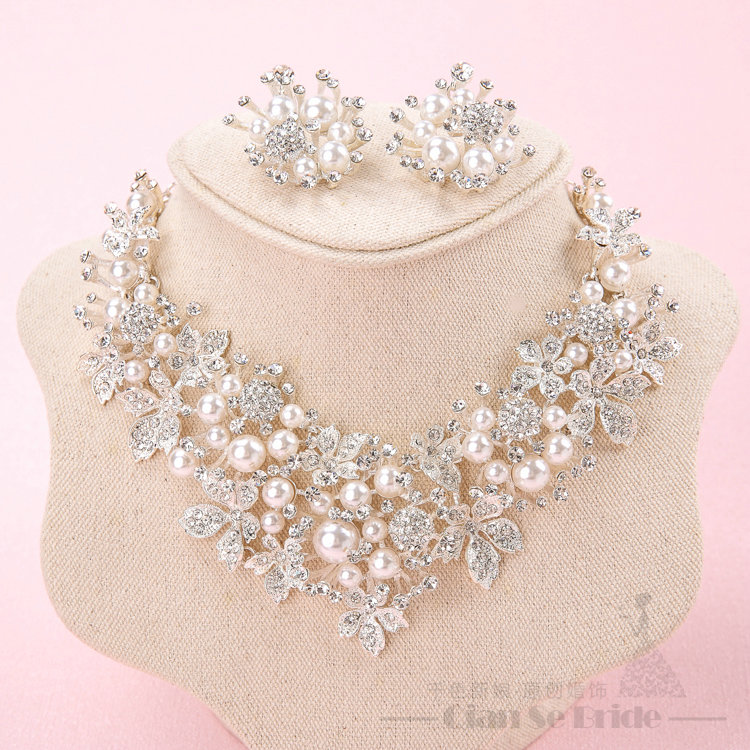 Rhinestone Pearls Alloy Flower Bridal Jewelry Tiaras Necklace Earring Women Wedding Sets 3pcs - White