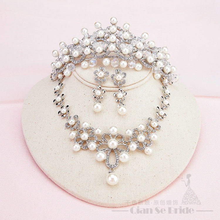Rhinestone Pearls Hollow Flower Bridal Jewelry Tiaras Necklace Earring Women Wedding Sets 3pcs - White