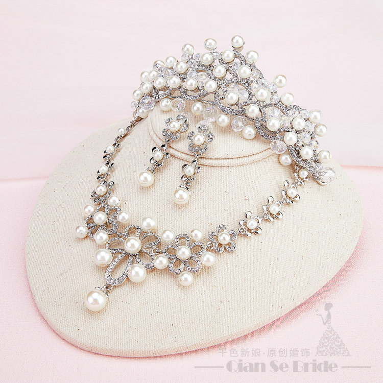 Rhinestone Pearls Hollow Flower Bridal Jewelry Tiaras Necklace Earring Women Wedding Sets 3pcs - White