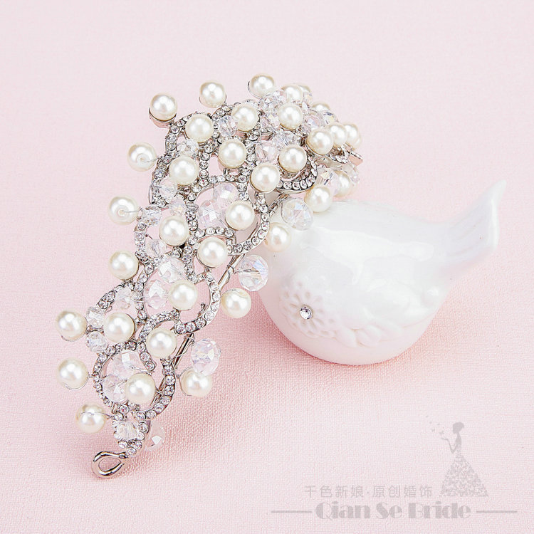 Rhinestone Pearls Hollow Flower Bridal Jewelry Tiaras Necklace Earring Women Wedding Sets 3pcs - White