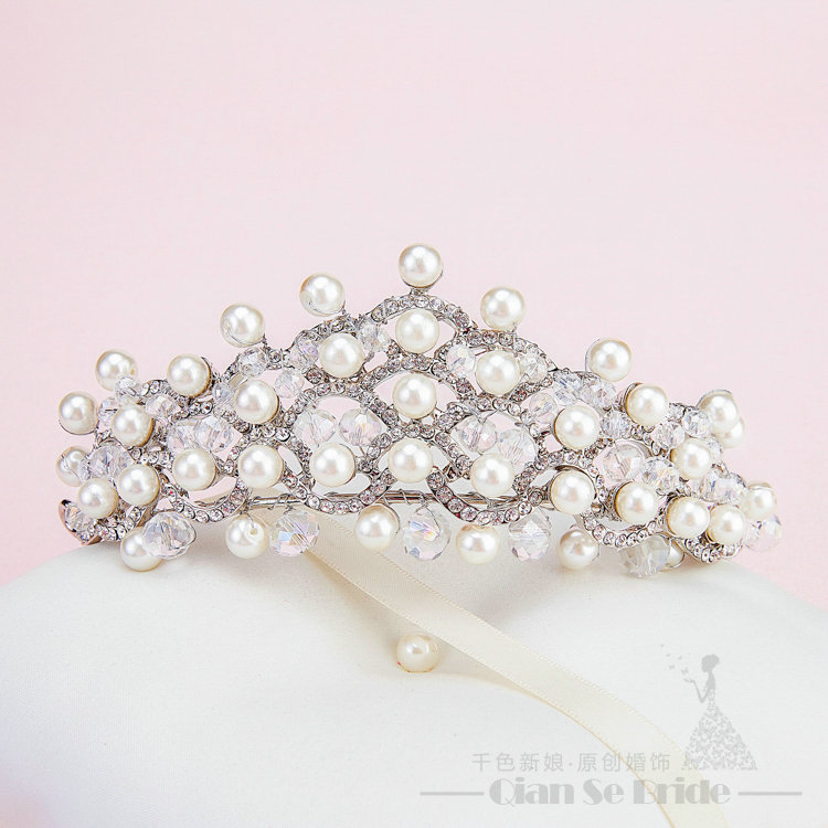 Rhinestone Pearls Hollow Flower Bridal Jewelry Tiaras Necklace Earring Women Wedding Sets 3pcs - White