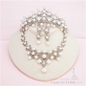 Rhinestone Pearls Hollow Flower Bridal Jewelry Tiaras Necklace Earring Women Wedding Sets 3pcs - White
