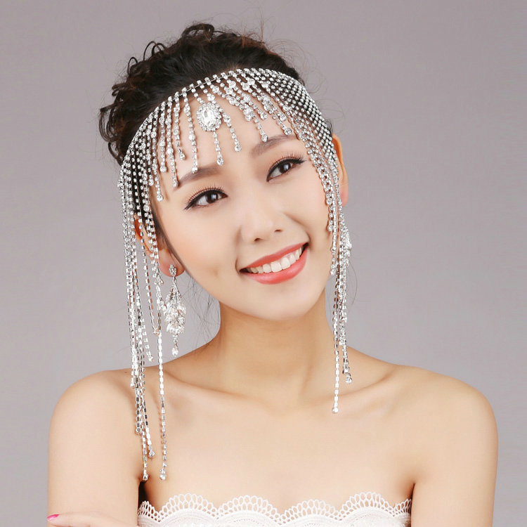 Rhinestone Tassel Chain Bohemia Bridal Frontlet Stage Headbands Hair Accessories - White