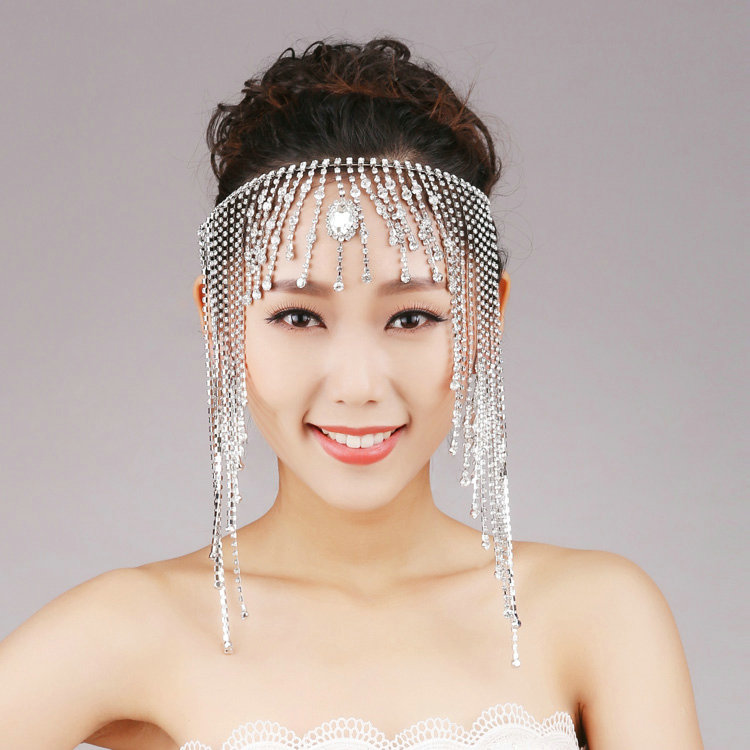Rhinestone Tassel Chain Bohemia Bridal Frontlet Stage Headbands Hair Accessories - White