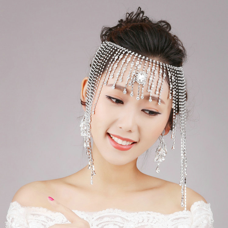 Rhinestone Tassel Chain Bohemia Bridal Frontlet Stage Headbands Hair Accessories - White