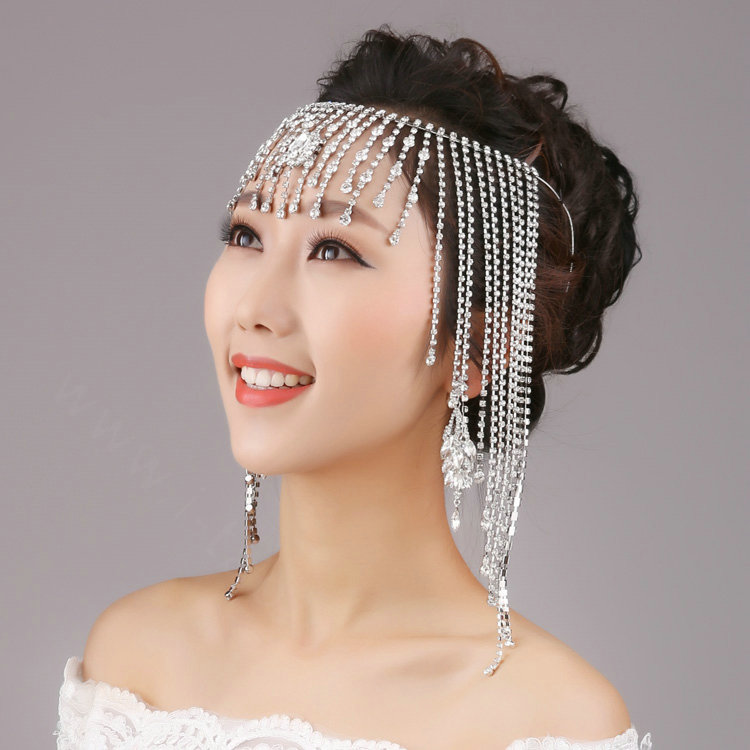Rhinestone Tassel Chain Bohemia Bridal Frontlet Stage Headbands Hair Accessories - White