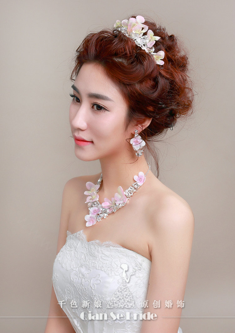 Rhinestone Yarn Flower Bridal Tiaras Necklace Earring Women Wedding Jewelry Sets 3pcs - Pink