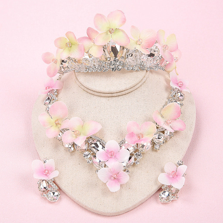 Rhinestone Yarn Flower Bridal Tiaras Necklace Earring Women Wedding Jewelry Sets 3pcs - Pink