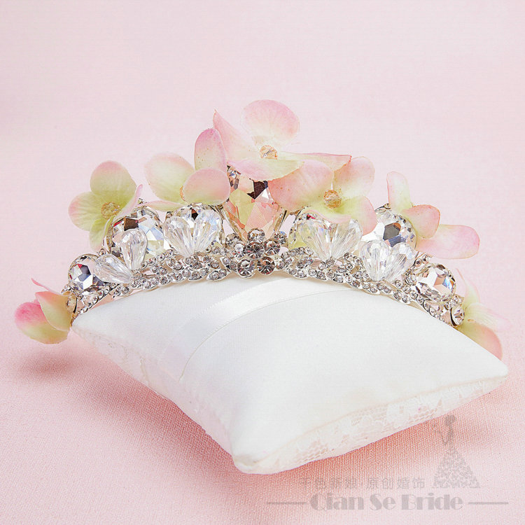 Rhinestone Yarn Flower Bridal Tiaras Necklace Earring Women Wedding Jewelry Sets 3pcs - Pink