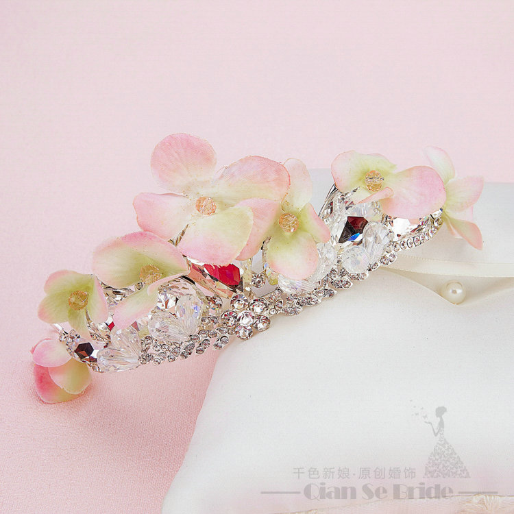 Rhinestone Yarn Flower Bridal Tiaras Necklace Earring Women Wedding Jewelry Sets 3pcs - Pink