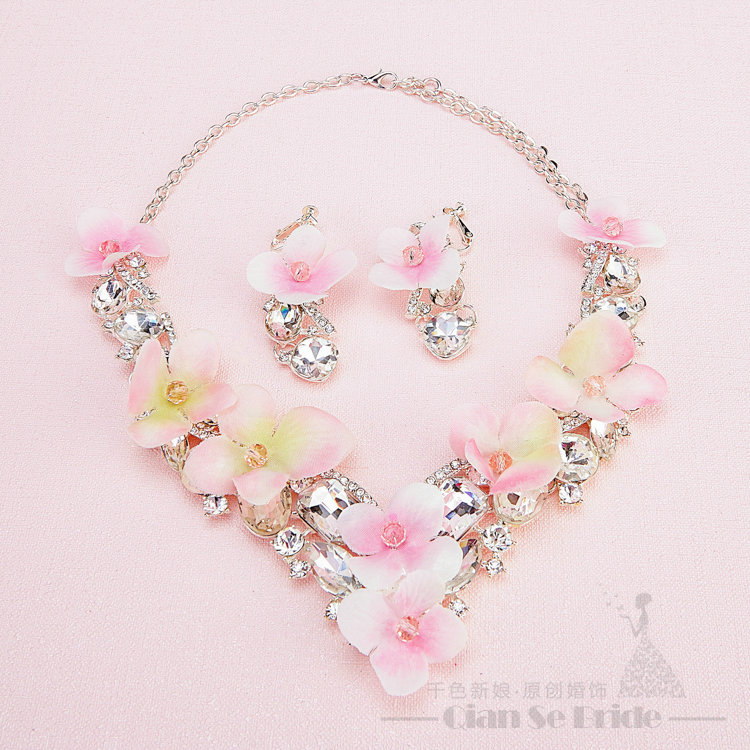 Rhinestone Yarn Flower Bridal Tiaras Necklace Earring Women Wedding Jewelry Sets 3pcs - Pink
