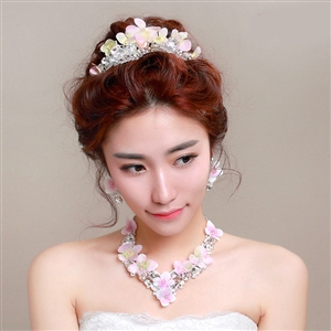 Rhinestone Yarn Flower Bridal Tiaras Necklace Earring Women Wedding Jewelry Sets 3pcs - Pink