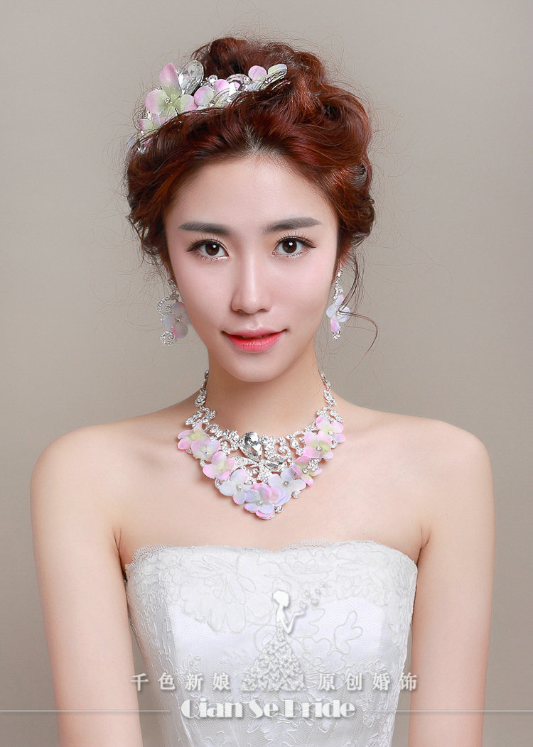 Rhinestone Yarn Flower Bridal Tiaras Necklace Earring Women Wedding Jewelry Sets 3pcs - Purple