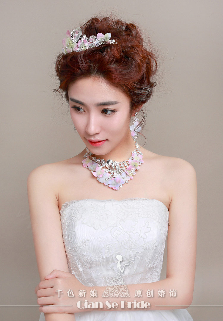 Rhinestone Yarn Flower Bridal Tiaras Necklace Earring Women Wedding Jewelry Sets 3pcs - Purple