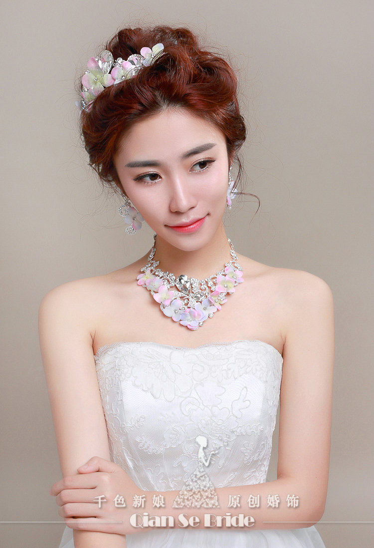 Rhinestone Yarn Flower Bridal Tiaras Necklace Earring Women Wedding Jewelry Sets 3pcs - Purple