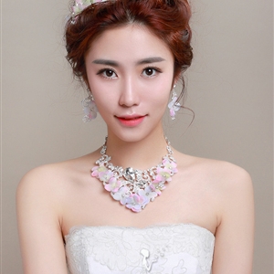 Rhinestone Yarn Flower Bridal Tiaras Necklace Earring Women Wedding Jewelry Sets 3pcs - Purple