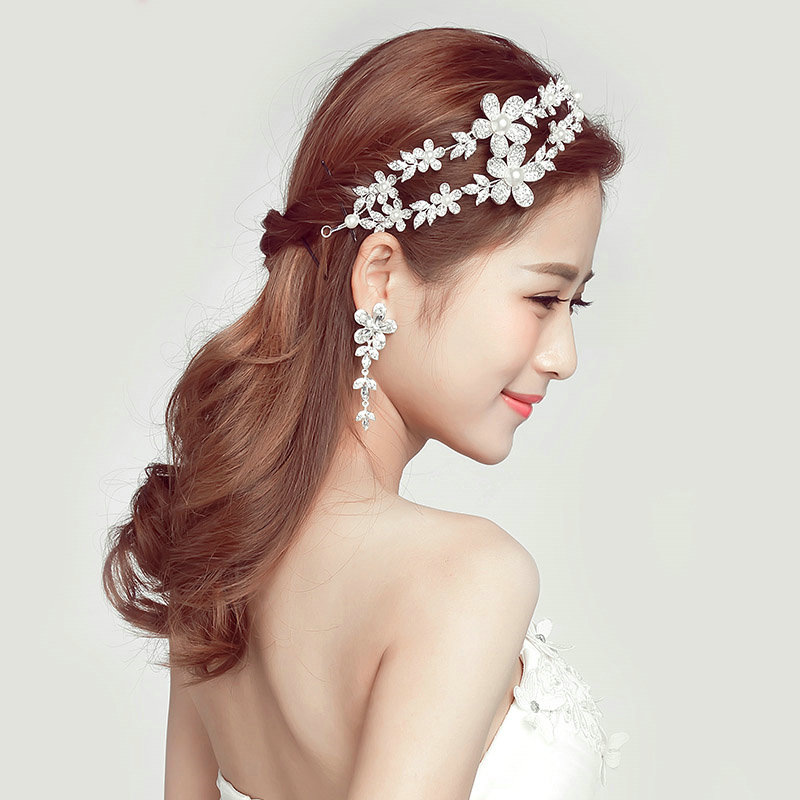 Romantic Alloy Flower Bridal Jewelry Headband Earring Women Weeding Sets 2pcs - White