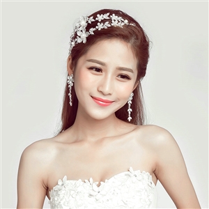 Romantic Alloy Flower Bridal Jewelry Headband Earring Women Weeding Sets 2pcs - White