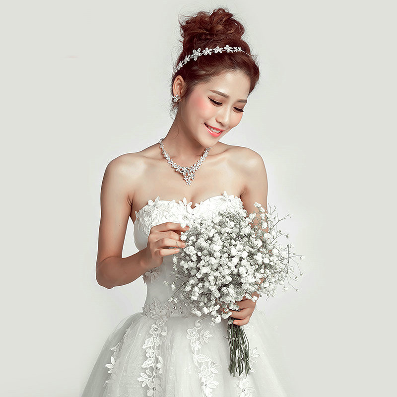 Romantic Alloy Flower Bridal Jewelry Tiaras Necklace Earring Women Weeding Sets 3pcs - White