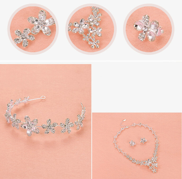Romantic Alloy Flower Bridal Jewelry Tiaras Necklace Earring Women Weeding Sets 3pcs - White