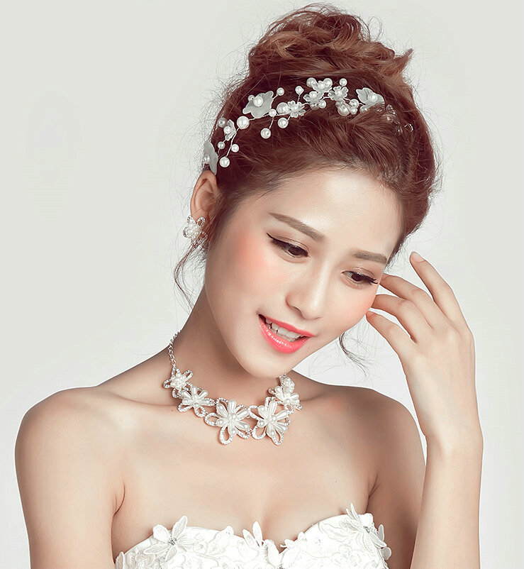 Romantic Pearls Flower Bridal Jewelry Tiaras Necklace Earring Women Weeding Sets 3pcs - White