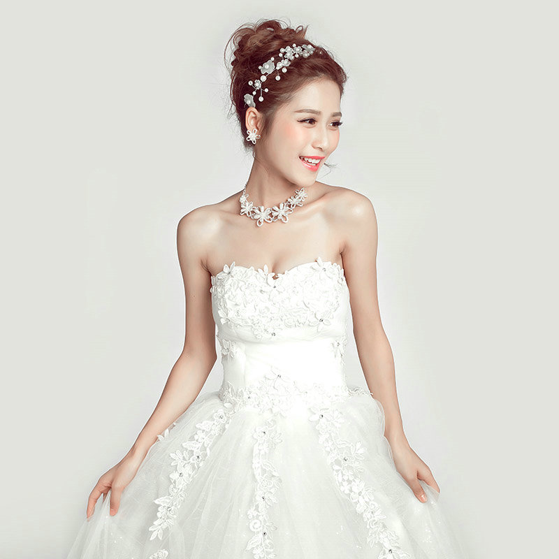 Romantic Pearls Flower Bridal Jewelry Tiaras Necklace Earring Women Weeding Sets 3pcs - White
