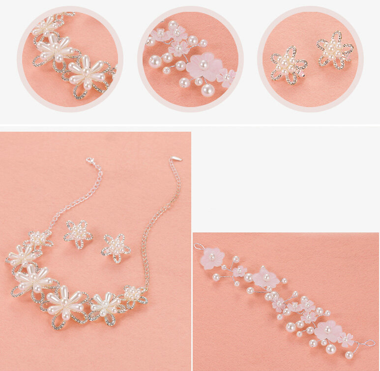 Romantic Pearls Flower Bridal Jewelry Tiaras Necklace Earring Women Weeding Sets 3pcs - White