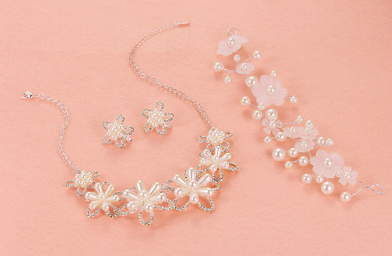 Romantic Pearls Flower Bridal Jewelry Tiaras Necklace Earring Women Weeding Sets 3pcs - White