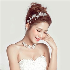 Romantic Pearls Flower Bridal Jewelry Tiaras Necklace Earring Women Weeding Sets 3pcs - White