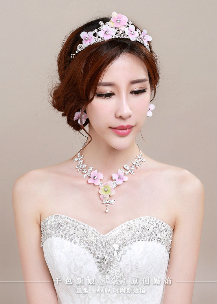 Romantic Rhinestone Yarn Flower Bridal Tiaras Necklace Earring Women Wedding Jewelry Sets 3pcs - Pink