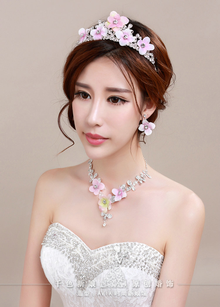 Romantic Rhinestone Yarn Flower Bridal Tiaras Necklace Earring Women Wedding Jewelry Sets 3pcs - Pink