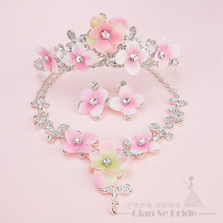 Romantic Rhinestone Yarn Flower Bridal Tiaras Necklace Earring Women Wedding Jewelry Sets 3pcs - Pink