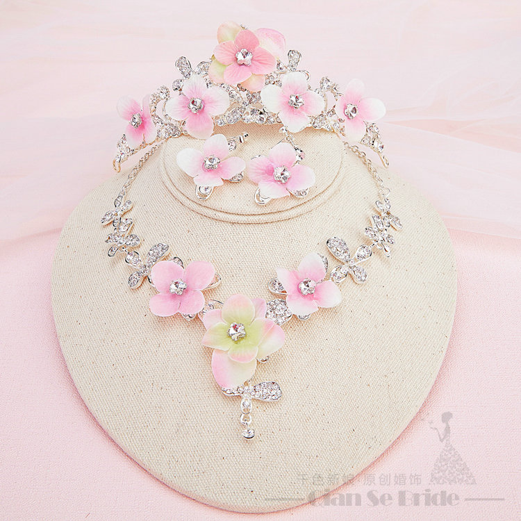 Romantic Rhinestone Yarn Flower Bridal Tiaras Necklace Earring Women Wedding Jewelry Sets 3pcs - Pink
