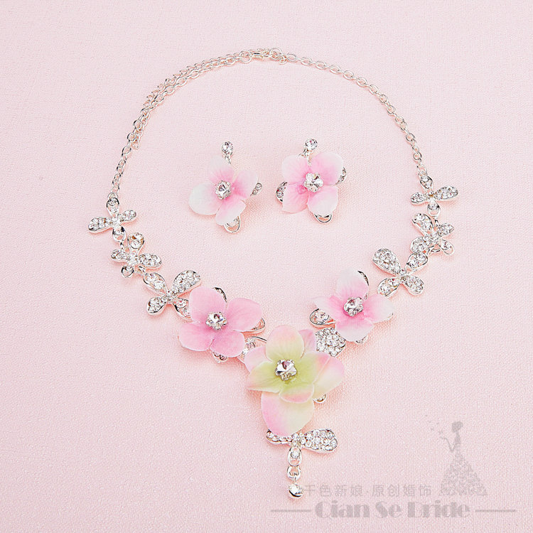 Romantic Rhinestone Yarn Flower Bridal Tiaras Necklace Earring Women Wedding Jewelry Sets 3pcs - Pink